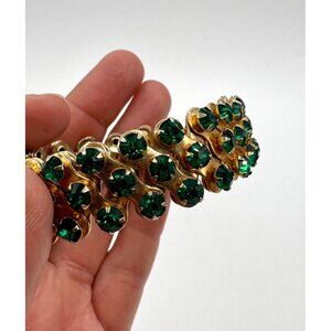 Vintage Gold Tone Stretch Adjustable Bracelet With Green Rhinestones